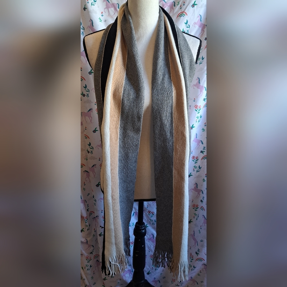 NWT Boss Tan & Grey Stripe Wool Neutral Causal Unisex Preppy Winter Scarf Wrap - Picture 2 of 11